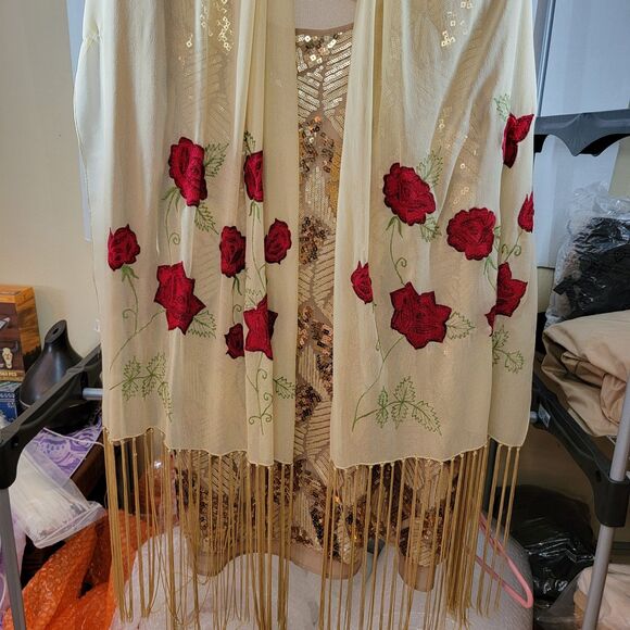 Blu Pepper LS Tan Sequin Dress w/ Embroidered Scarf - Size Large - Picture 2 of 6